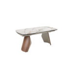 Table de salle à manger extensible ovale en forme de tonneau en marbre porcelanique, acier coloris sable métallisé et bois de noyer