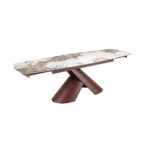 Mesa comedor extensible ovalada barril mármol porcelánico y acero marrón cobrizo