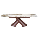 Mesa comedor extensible ovalada barril mármol porcelánico y acero marrón cobrizo