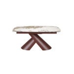 Mesa comedor extensible ovalada barril mármol porcelánico y acero marrón cobrizo