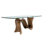 Обеденный стол овальной формы «бочка» из закалённого стекла и ореха