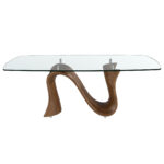 Обеденный стол овальной формы «бочка» из закалённого стекла и ореха