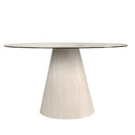 Table à manger ronde en marbre céramique et bois revêtu d’une feuille flexible de marbre céramique