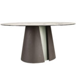 Mesa comedor redonda mármol porcelánico, roble ceniza oscuro y madera color plata