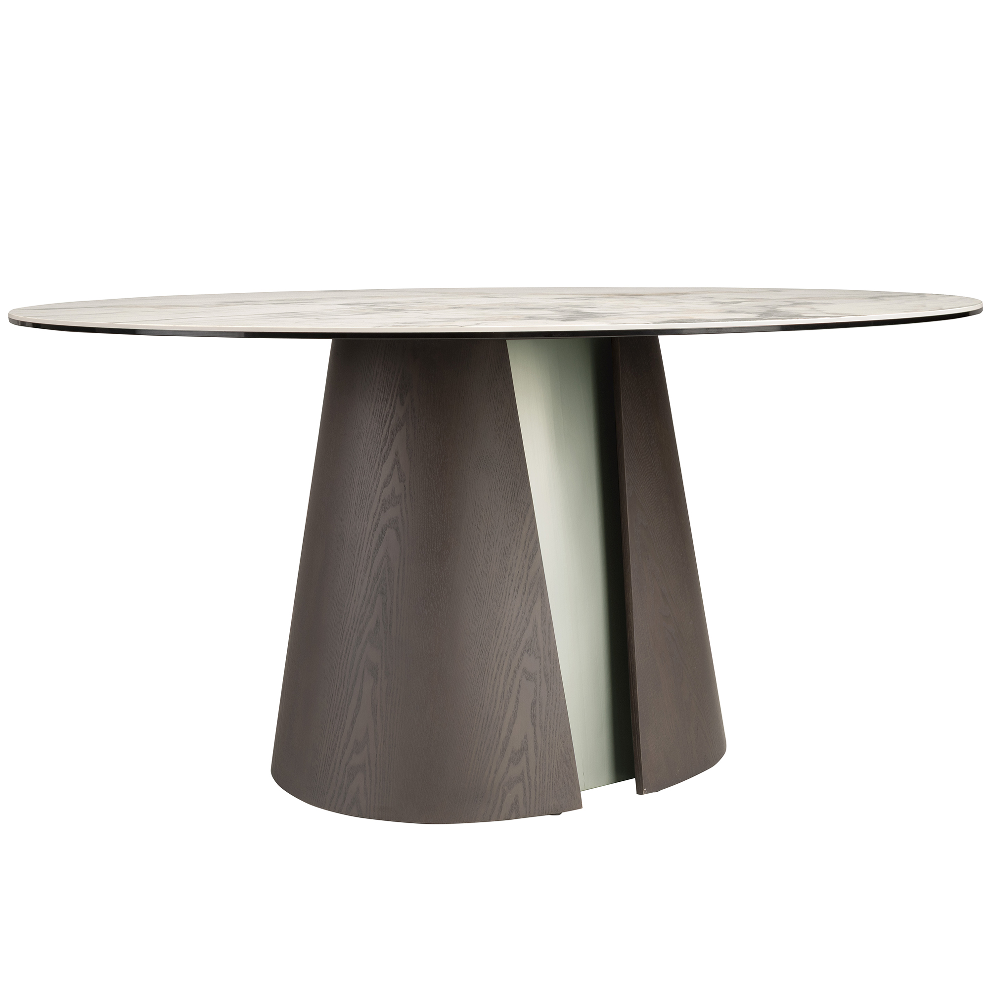 Mesa comedor redonda mármol porcelánico, roble ceniza oscuro y madera color plata Mesa comedor redonda mármol porcelánico, roble ceniza oscuro y madera color plata