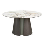 Mesa comedor redonda mármol porcelánico, roble ceniza oscuro y madera color plata