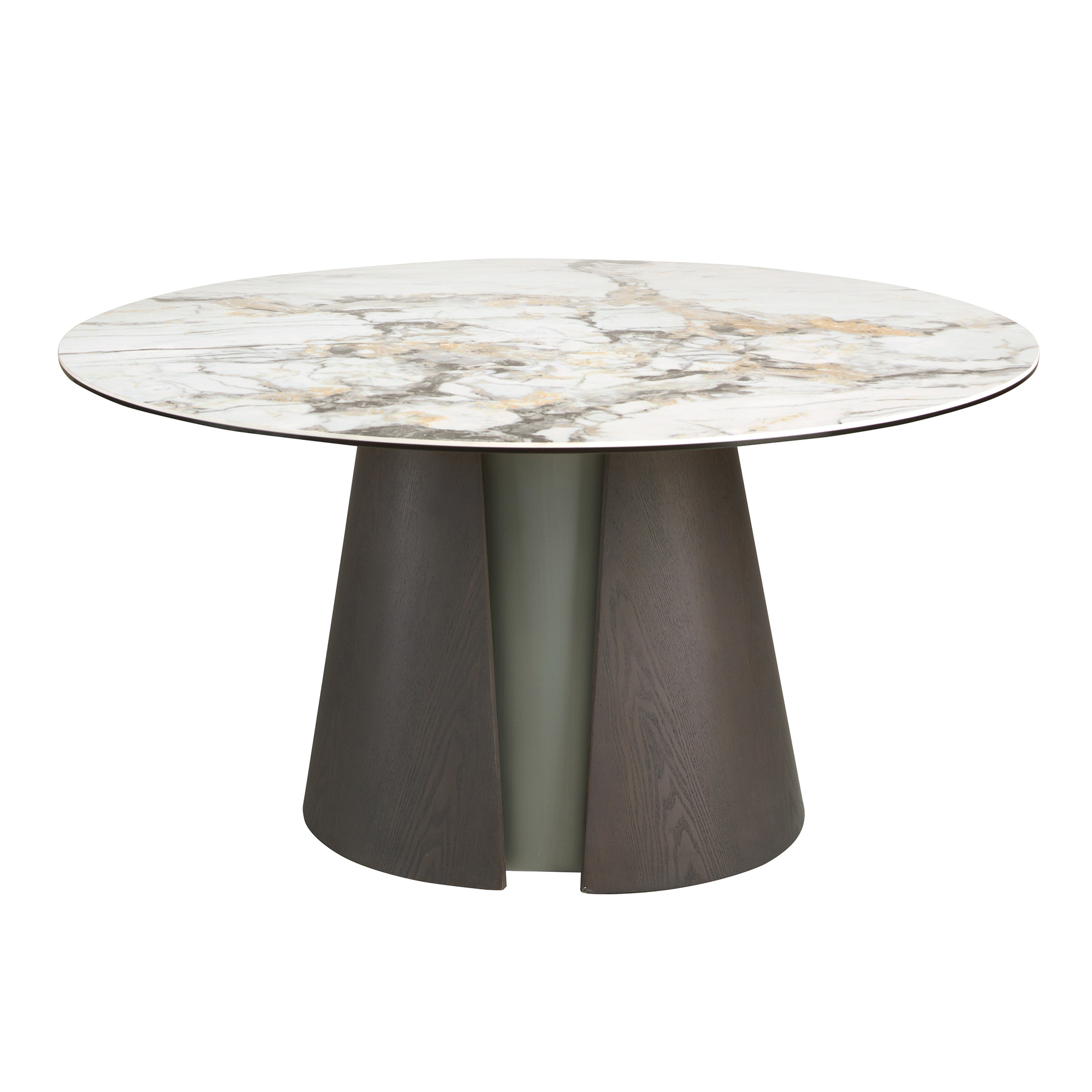 Mesa comedor redonda mármol porcelánico, roble ceniza oscuro y madera color plata Mesa comedor redonda mármol porcelánico, roble ceniza oscuro y madera color plata