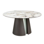Mesa comedor redonda mármol porcelánico, roble ceniza oscuro y madera color plata