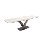 Mesa comedor extensible ovalada barril mármol porcelánico y acero color marrón oscuro metalizado