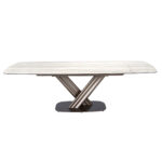 Mesa comedor extensible ovalada barril mármol porcelánico y acero color marrón oscuro metalizado