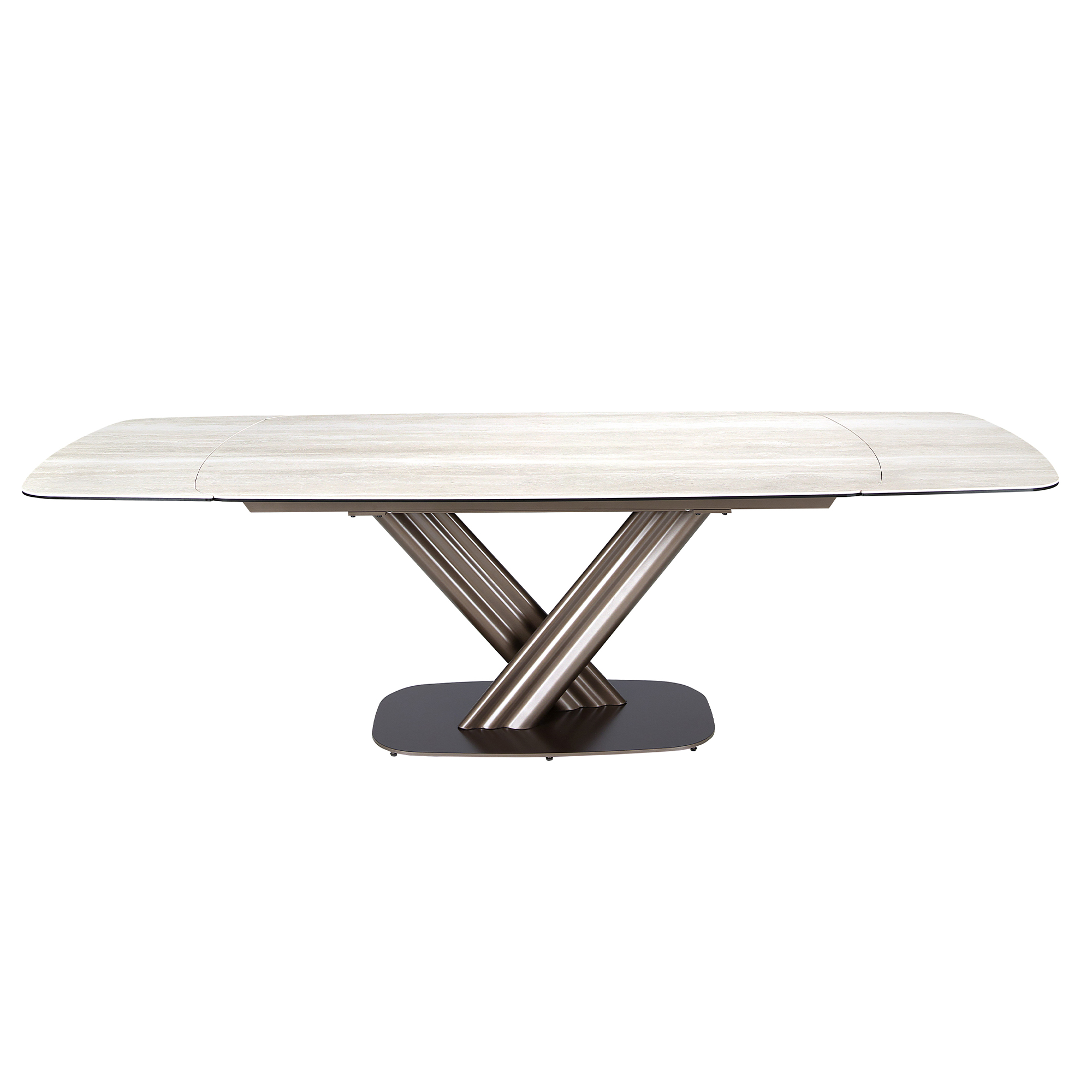 Mesa comedor extensible ovalada barril mármol porcelánico y acero color marrón oscuro metalizado Mesa comedor extensible ovalada barril mármol porcelánico y acero color marrón oscuro metalizado