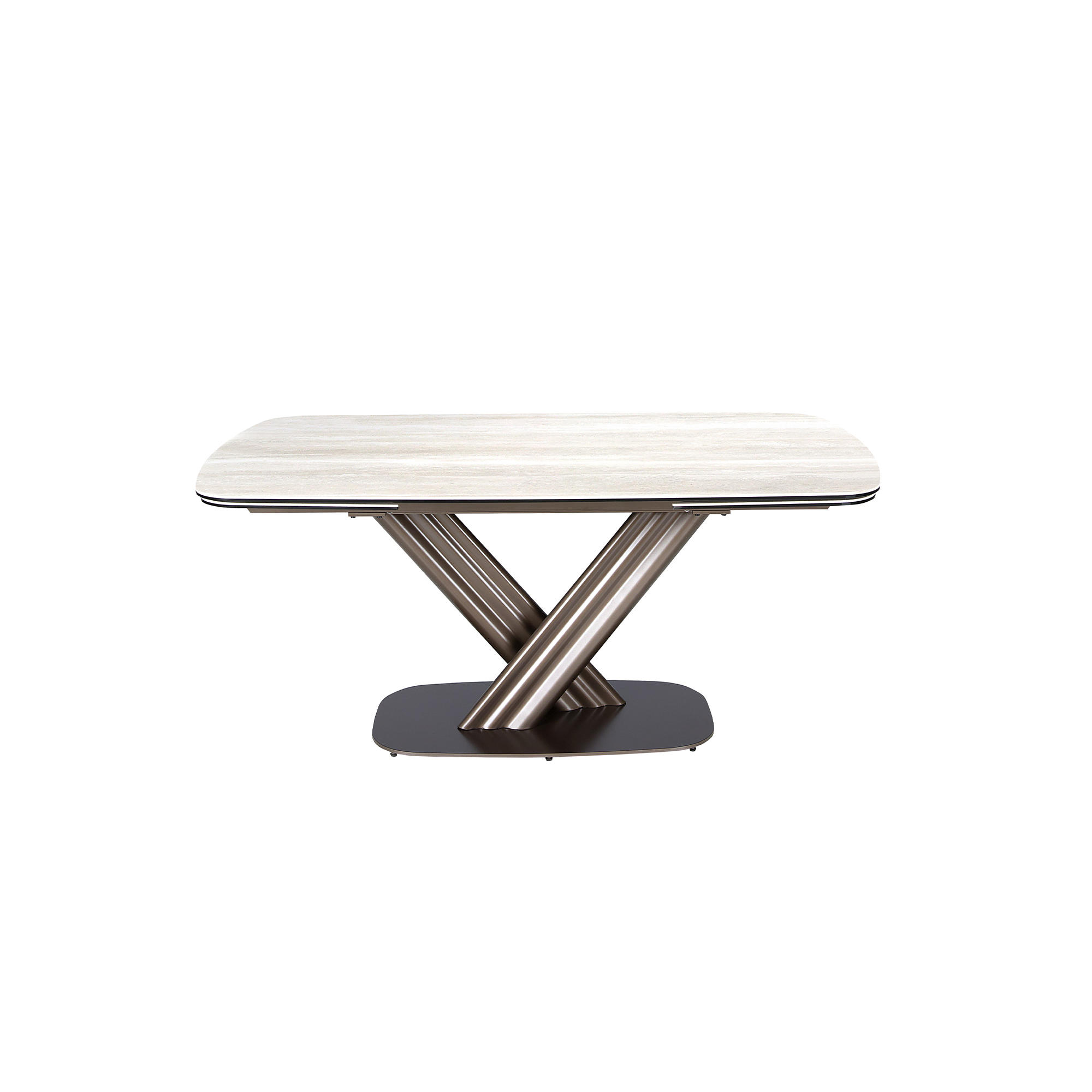 Mesa comedor extensible ovalada barril mármol porcelánico y acero color marrón oscuro metalizado Mesa comedor extensible ovalada barril mármol porcelánico y acero color marrón oscuro metalizado
