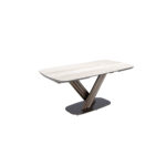 Mesa comedor extensible ovalada barril mármol porcelánico y acero color marrón oscuro metalizado
