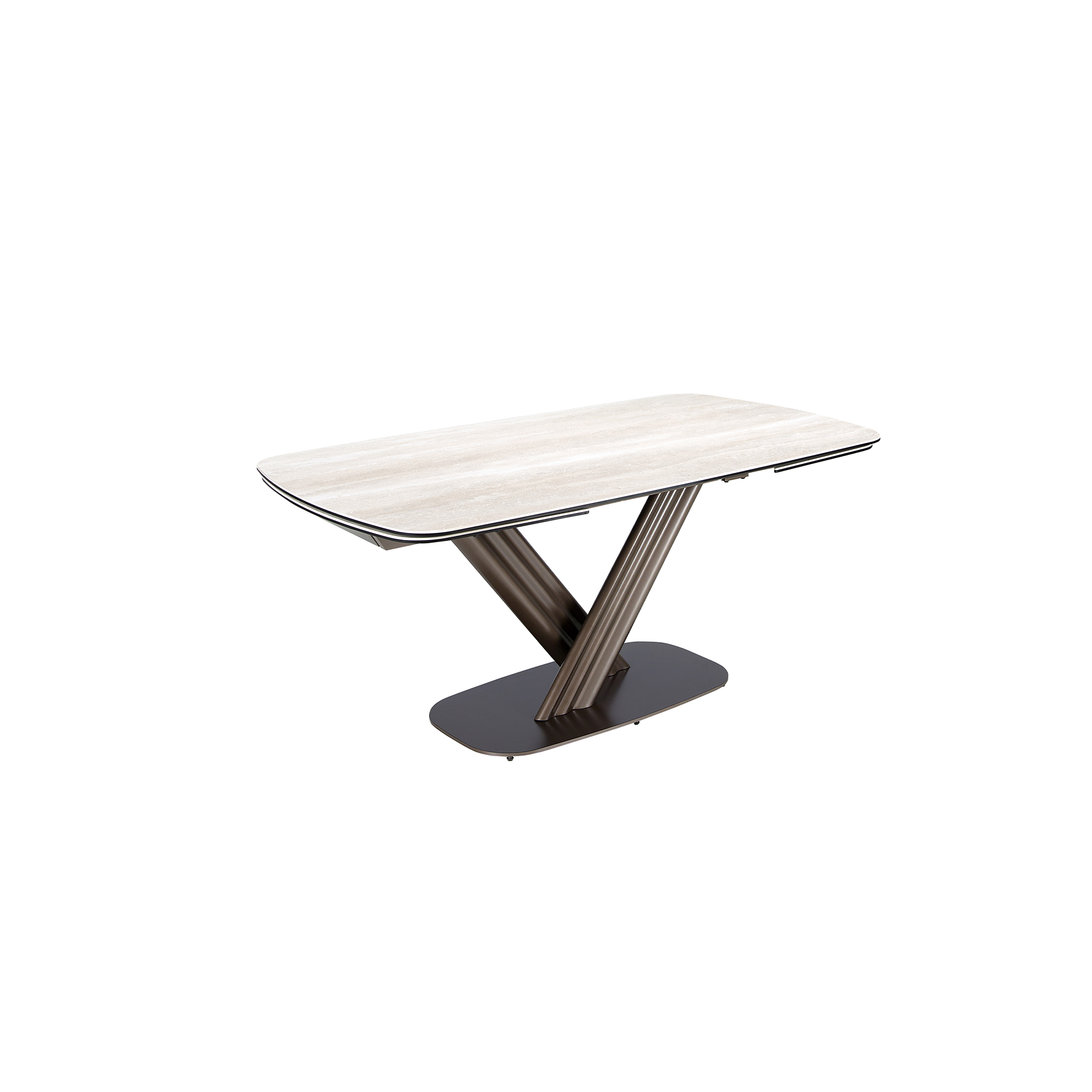 Mesa comedor extensible ovalada barril mármol porcelánico y acero color marrón oscuro metalizado Mesa comedor extensible ovalada barril mármol porcelánico y acero color marrón oscuro metalizado