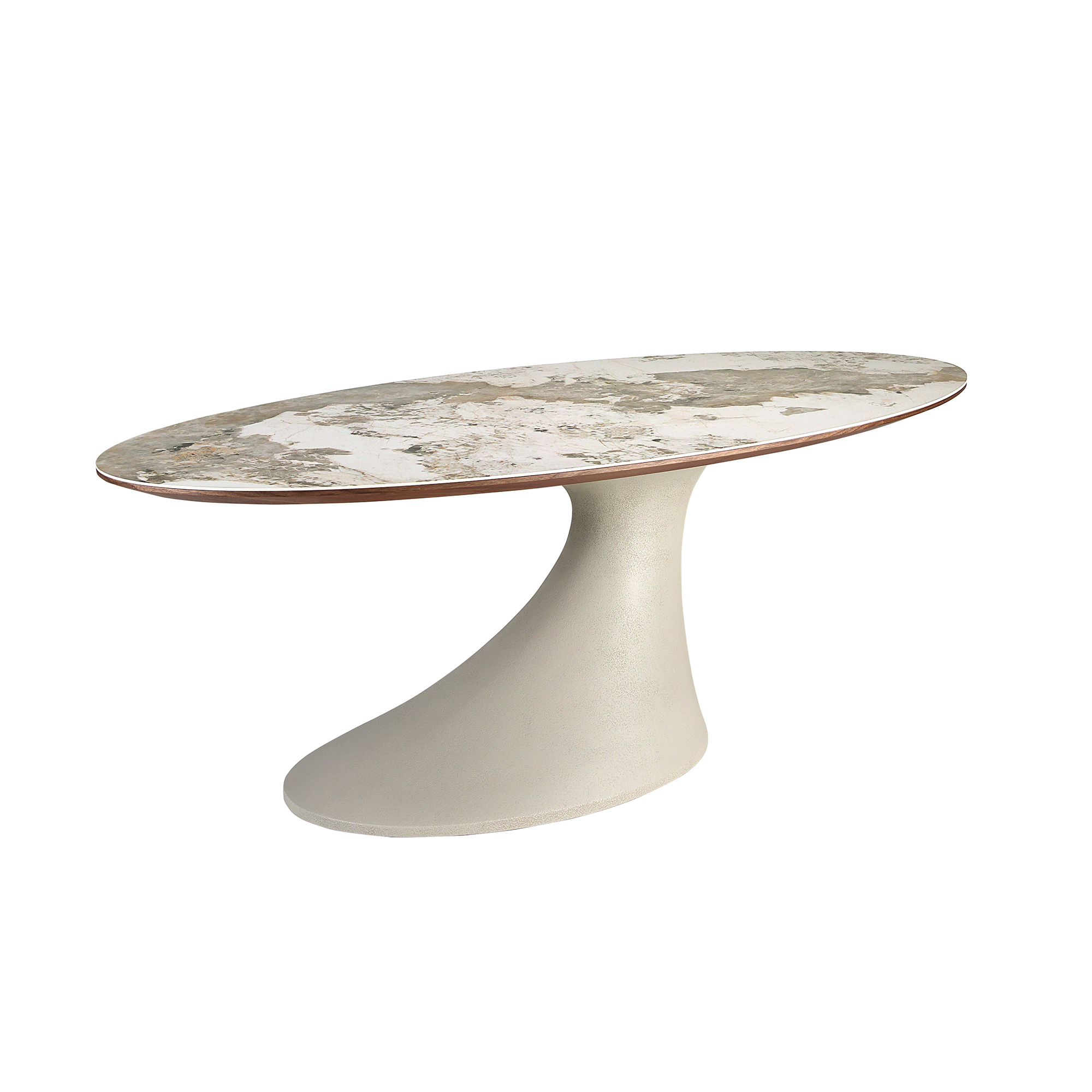 Oval dining table in porcelain marble and sand-coloured epoxy fiberglass Oval dining table in porcelain marble and sand-coloured epoxy fiberglass