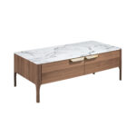 Rectangular glass coffee table imitating marble and walnut