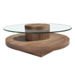 Table basse ronde en verre trempé et bois de noyer
