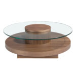 Table basse ronde en verre trempé et bois de noyer