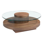 Table basse ronde en verre trempé et bois de noyer