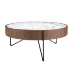 Round coffee table in porcelain marble, walnut and black steel