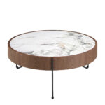 Round coffee table in porcelain marble, walnut and black steel