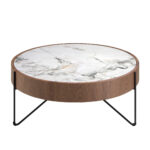 Round coffee table in porcelain marble, walnut and black steel