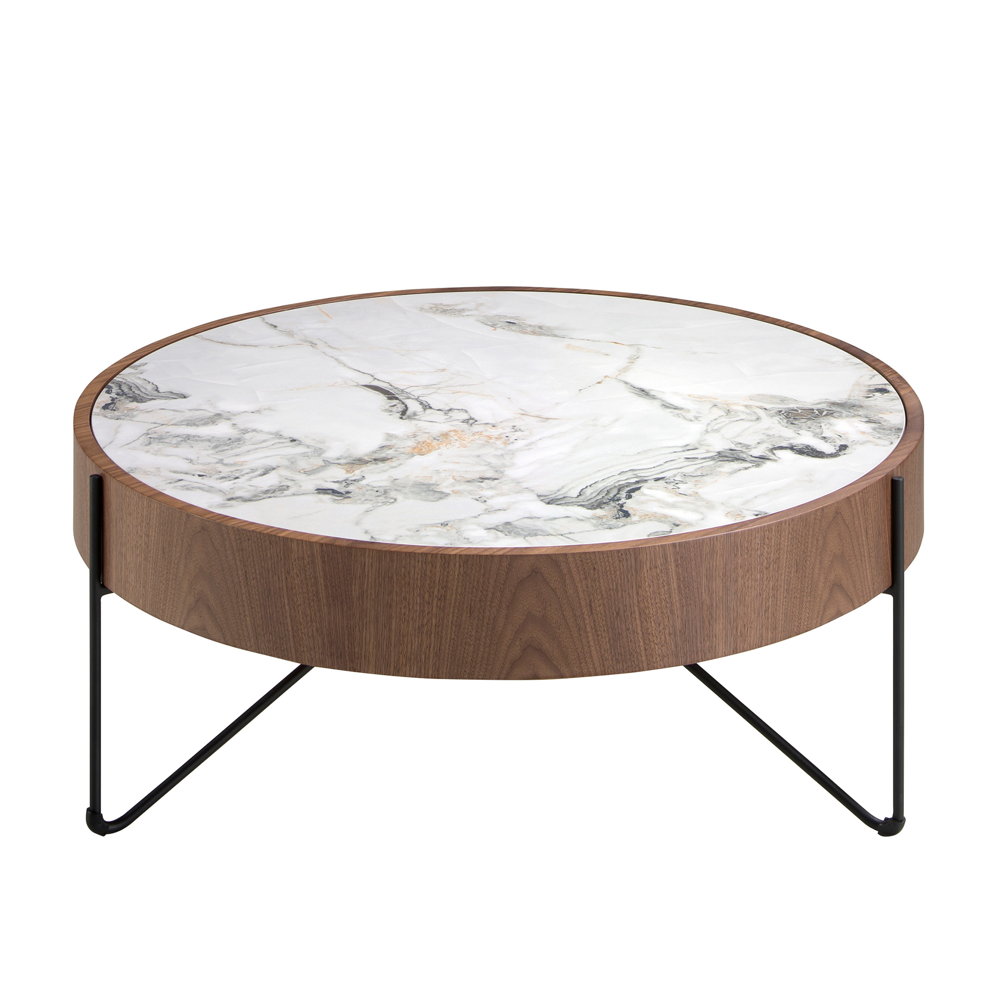 Round coffee table in porcelain marble, walnut and black steel Round coffee table in porcelain marble, walnut and black steel