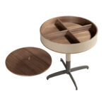 Round corner table leather, walnut and grey steel
