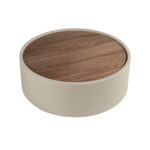 Tavolino da caffè rotondo in noce e legno rivestito in similpelle color sabbia