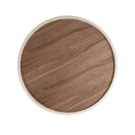 Tavolino da caffè rotondo in noce e legno rivestito in similpelle color sabbia