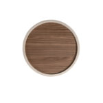 Tavolino rotondo da angolo in noce, noce e legno rivestito in similpelle color sabbia