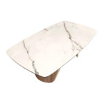 Table basse ovale en marbre porcelainé, acier sable métallisé et noyer