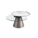 Table basse extensible ronde en verre trempé, marbre céramique et acier gris argenté