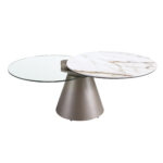 Table basse extensible ronde en verre trempé, marbre céramique et acier gris argenté