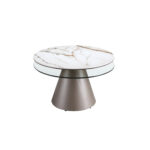 Table basse extensible ronde en verre trempé, marbre céramique et acier gris argenté