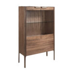 Buffet haut en noyer avec plateau en verre imitation marbre et éclairage intérieur