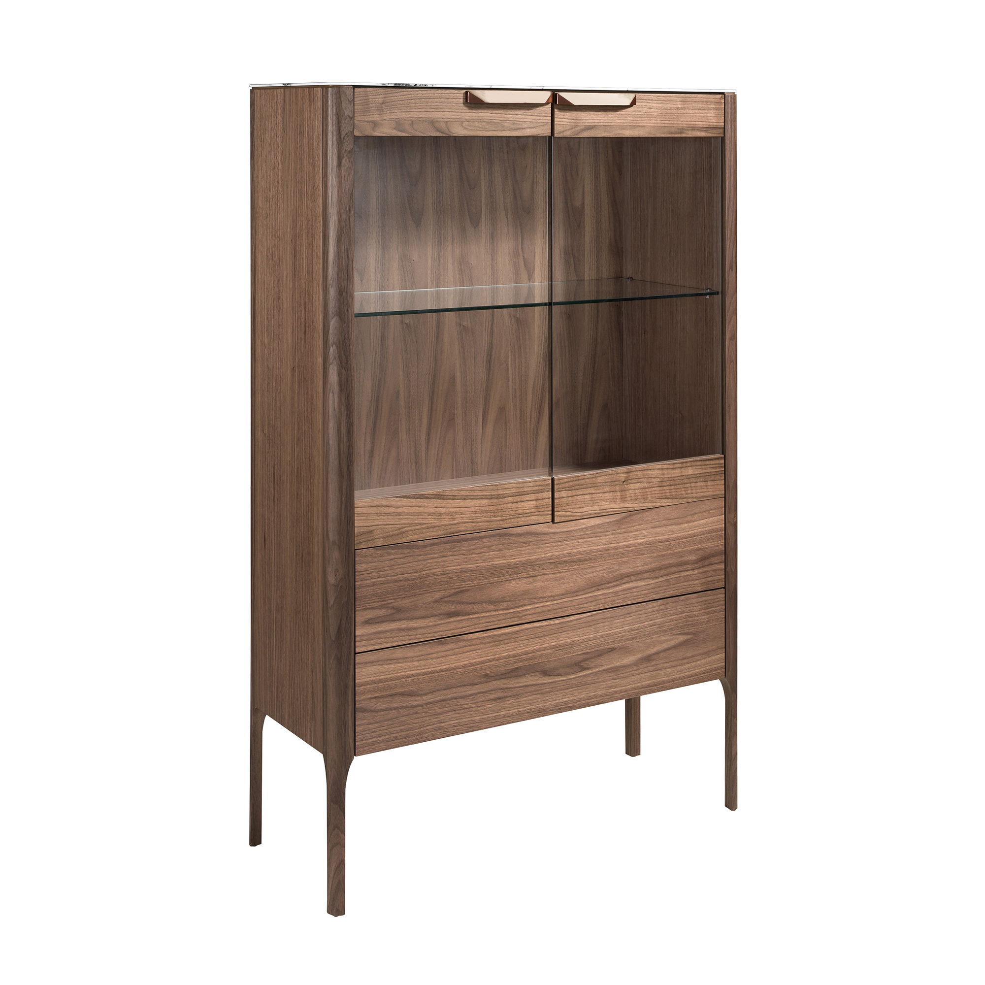 Buffet haut en noyer avec plateau en verre imitation marbre et éclairage intérieur Buffet haut en noyer avec plateau en verre imitation marbre et éclairage intérieur