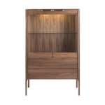 Buffet haut en noyer avec plateau en verre imitation marbre et éclairage intérieur