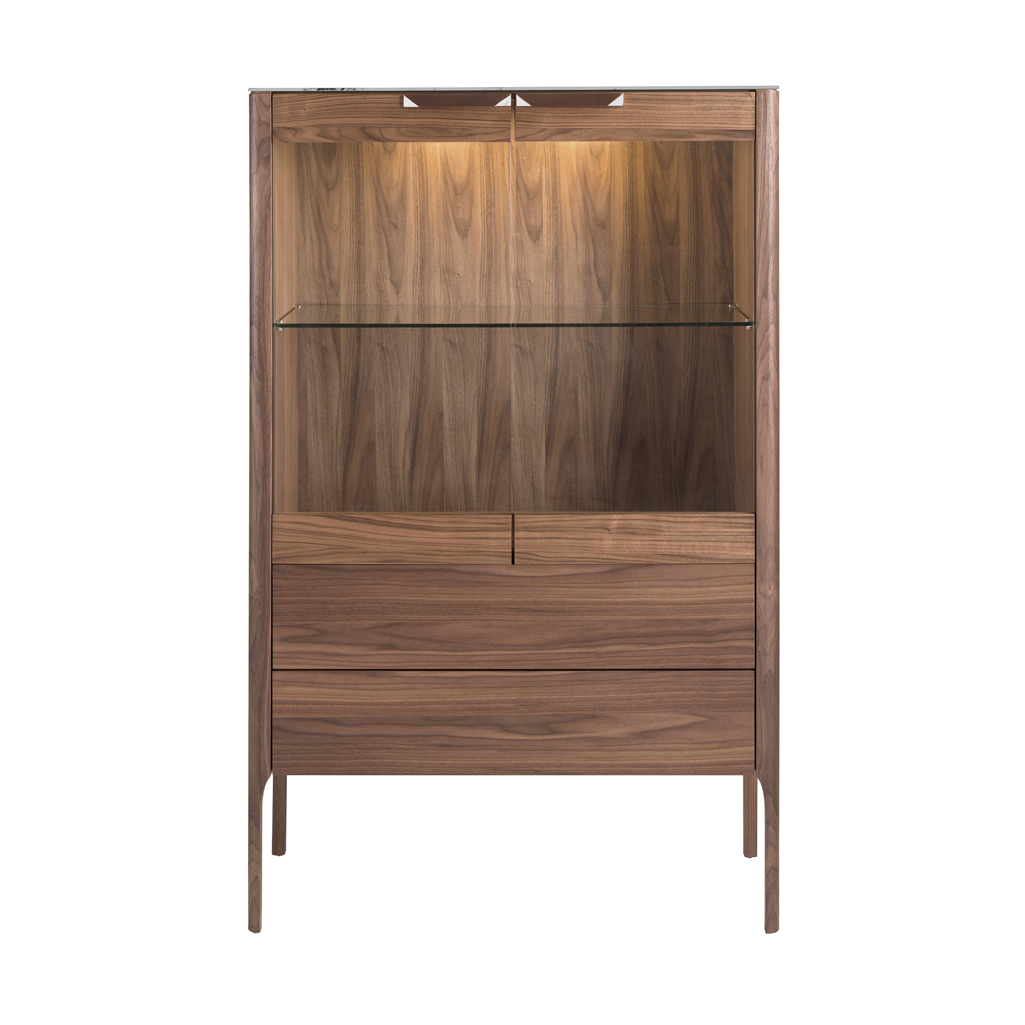 Buffet haut en noyer avec plateau en verre imitation marbre et éclairage intérieur Buffet haut en noyer avec plateau en verre imitation marbre et éclairage intérieur
