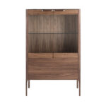 Buffet haut en noyer avec plateau en verre imitation marbre et éclairage intérieur