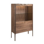 Buffet haut en noyer avec plateau en verre imitation marbre et éclairage intérieur