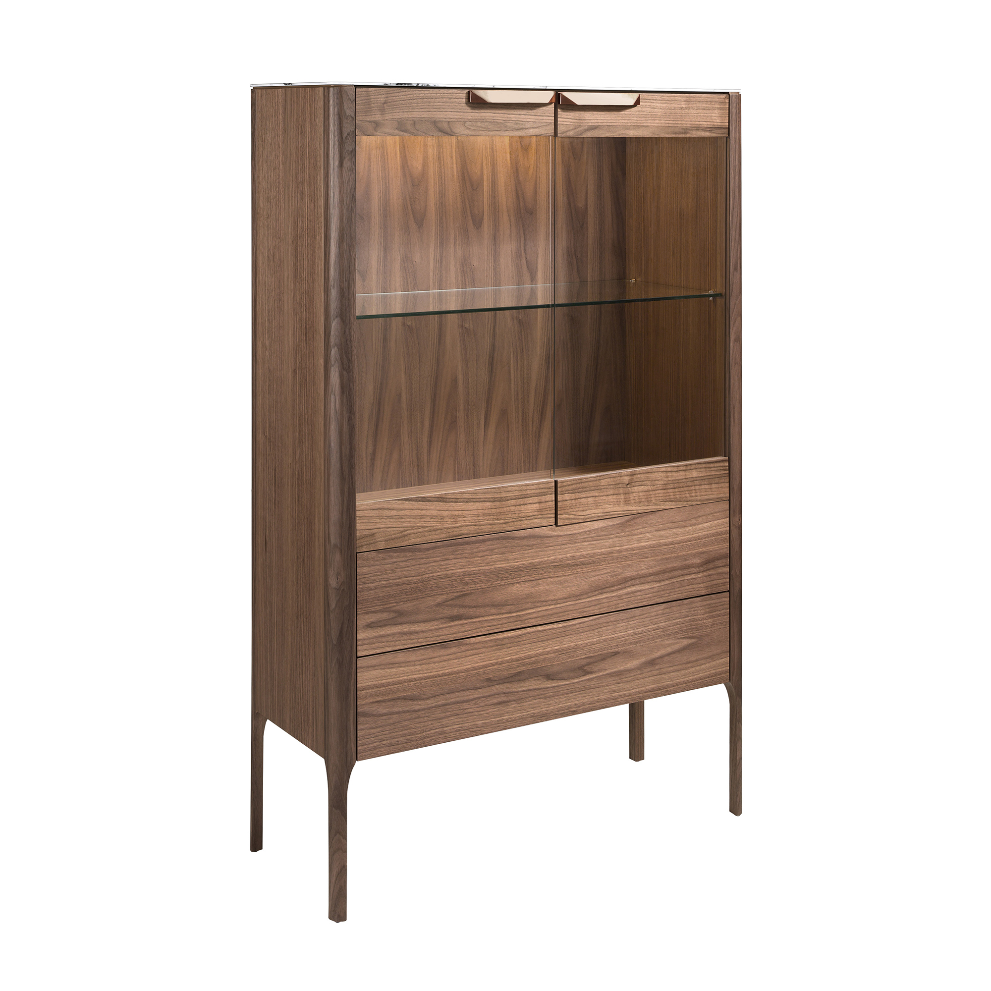 Buffet haut en noyer avec plateau en verre imitation marbre et éclairage intérieur Buffet haut en noyer avec plateau en verre imitation marbre et éclairage intérieur