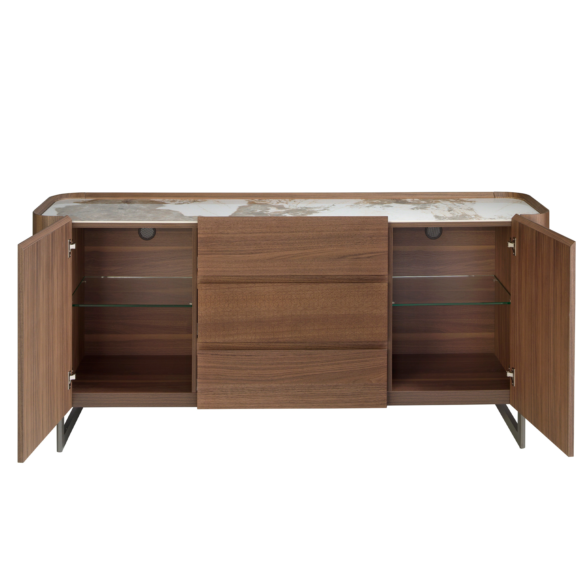 Credenza in noce e acciaio metallizzato scuro con piano in marmo porcellanato Credenza in noce e acciaio metallizzato scuro con piano in marmo porcellanato