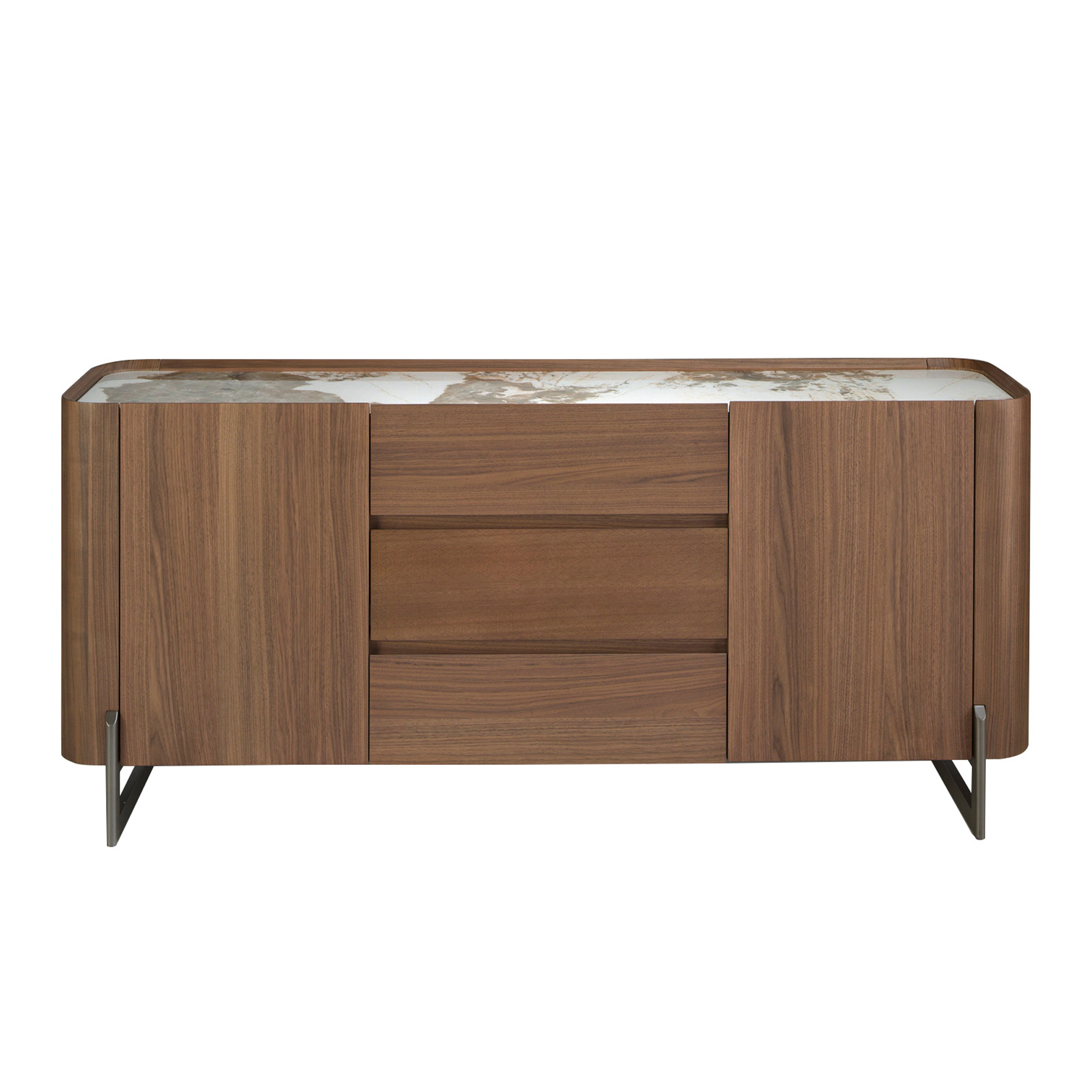Credenza in noce e acciaio metallizzato scuro con piano in marmo porcellanato Credenza in noce e acciaio metallizzato scuro con piano in marmo porcellanato