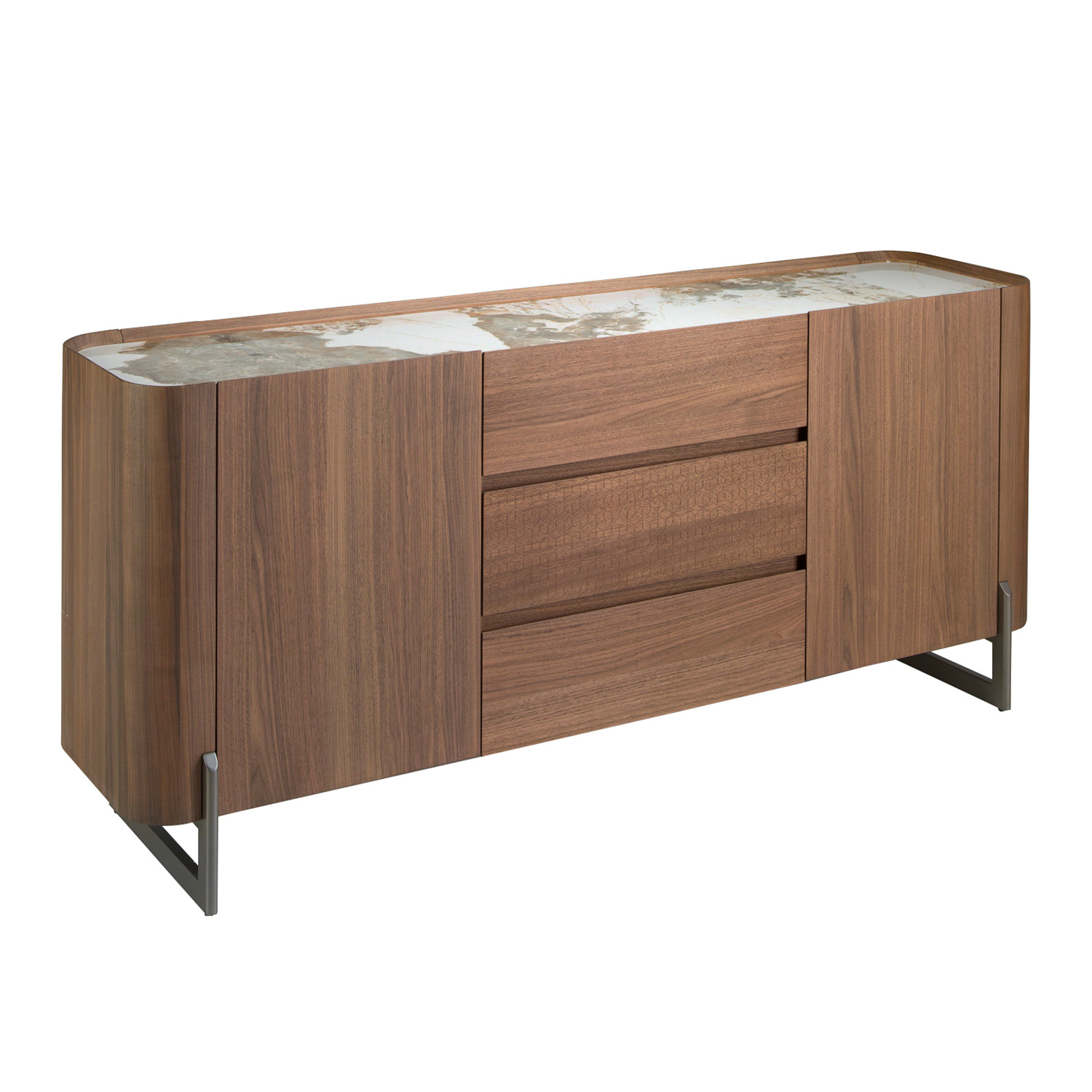 Credenza in noce e acciaio metallizzato scuro con piano in marmo porcellanato Credenza in noce e acciaio metallizzato scuro con piano in marmo porcellanato
