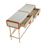 Rechteckiger Konsolentisch, Stoff, Nussbaum und polierter Goldstahl