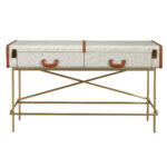 Rechteckiger Konsolentisch, Stoff, Nussbaum und polierter Goldstahl