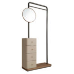 Mink leather, walnut and black steel coat rack with mirror