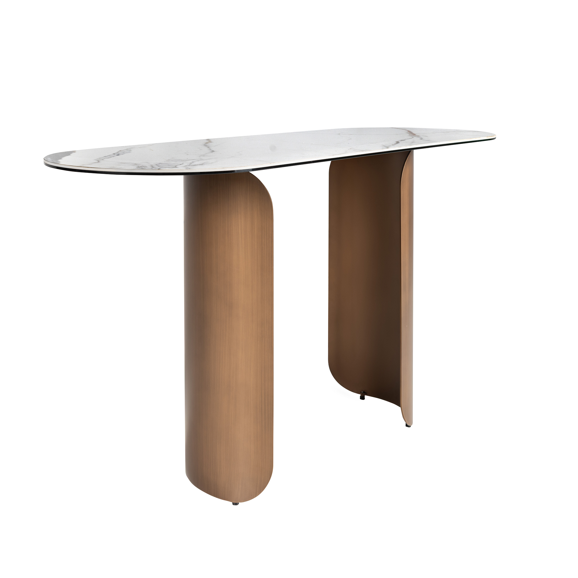 Console ovale en demi-cercle en marbre porcelainé et acier couleur bronze Console ovale en demi-cercle en marbre porcelainé et acier couleur bronze