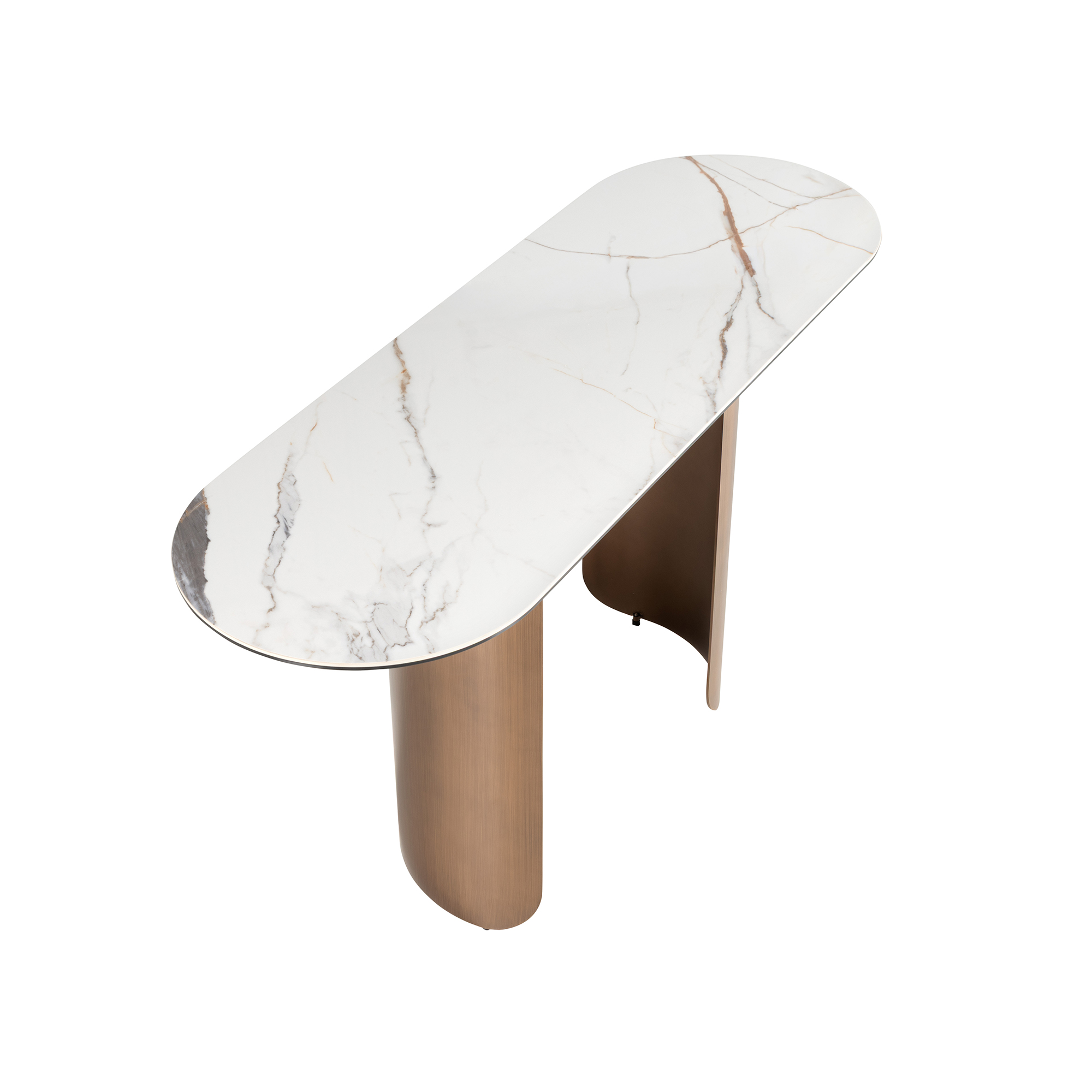 Console ovale en demi-cercle en marbre porcelainé et acier couleur bronze Console ovale en demi-cercle en marbre porcelainé et acier couleur bronze